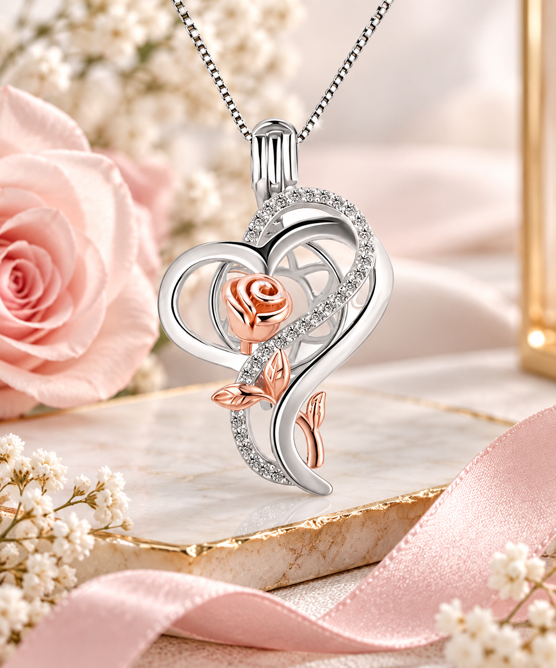 Entangled Rose Heart Pearl Cage
