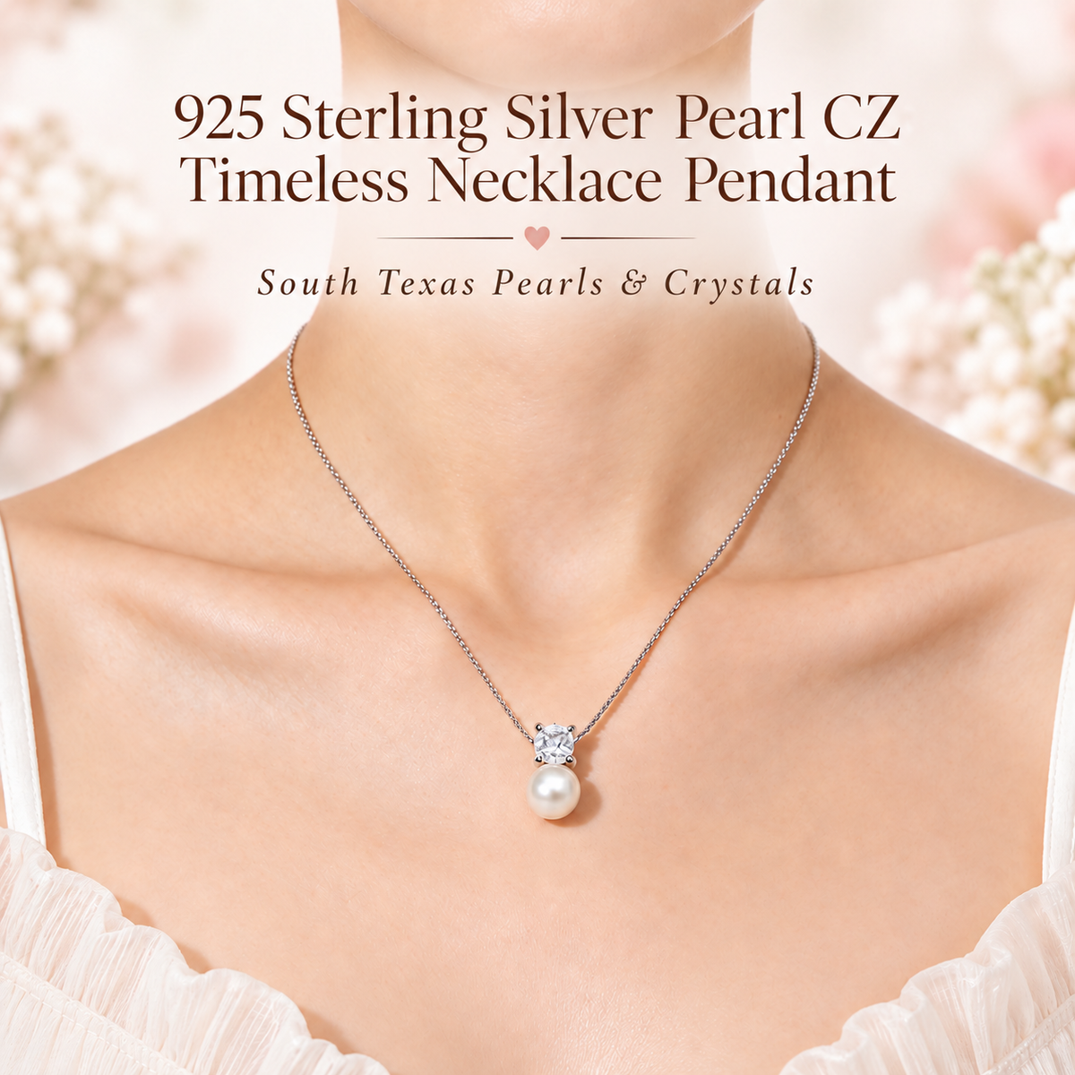 925 Sterling Silver Pearl CZ Timeless Necklace Pendant
